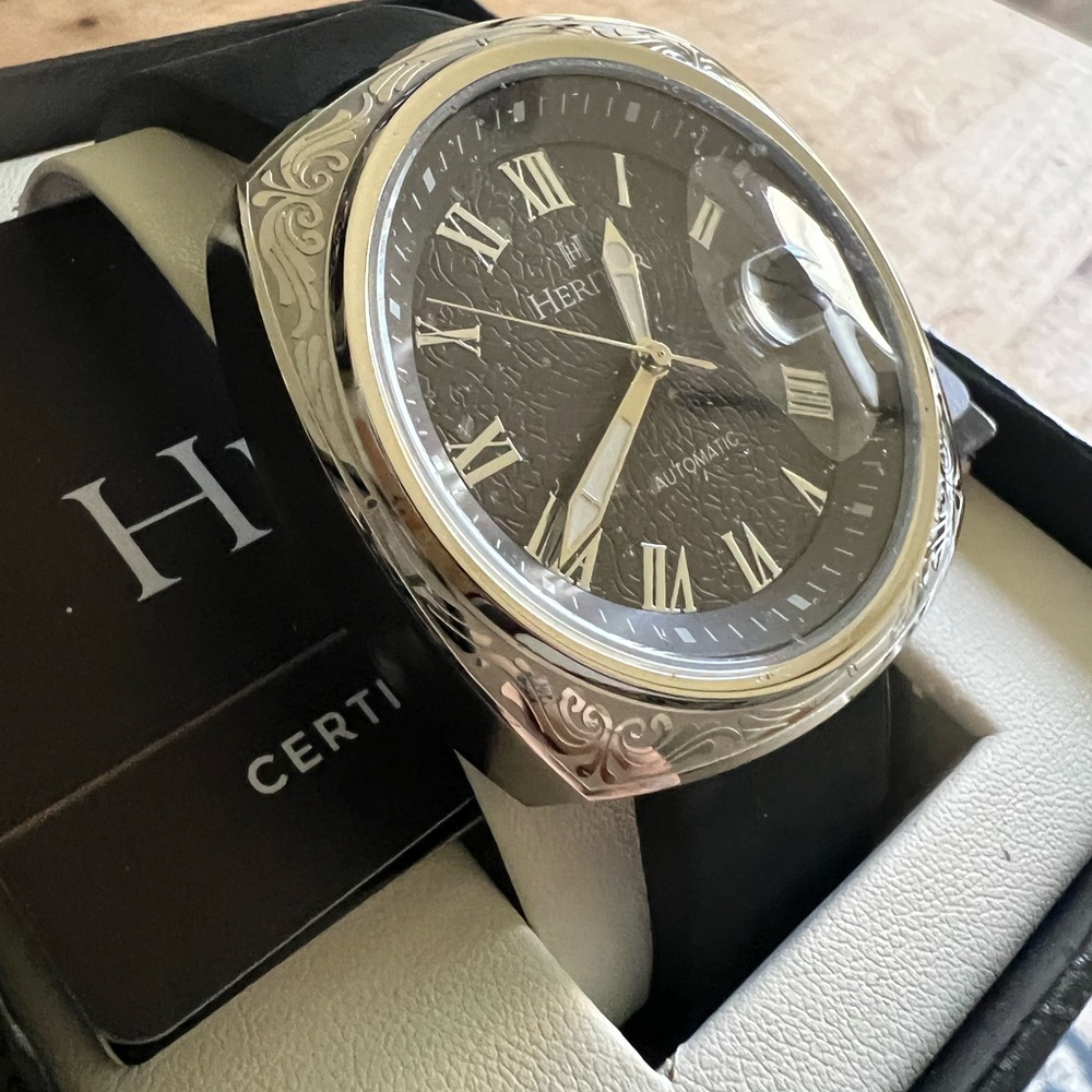 Heritor Automatic Davenport Engraved-Case Leather-Band Watch w/ Date Watch